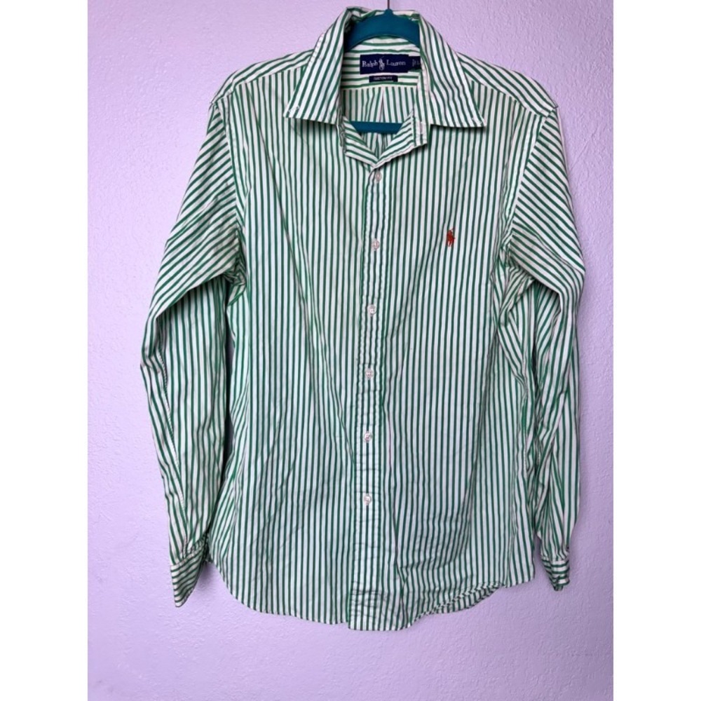Ralph Lauren Shirt Men's Custom Made L 100% Cotton White Green Striped Business